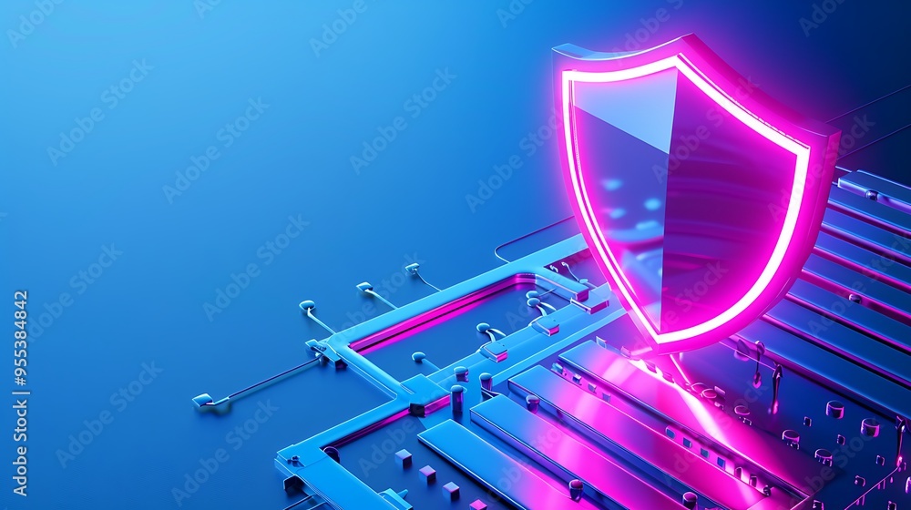 Aufkleber cybersecurity concept with a glowing shield icon over a digital circuit board for data protection an