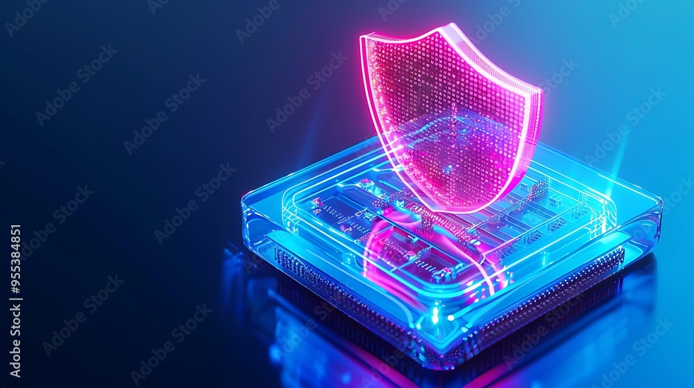 Poster cybersecurity concept with a glowing shield over a digital circuit. representing data protection and