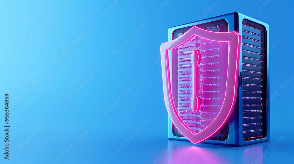 Poster cybersecurity concept with a glowing shield overlaying a server on a blue background, symbolizing da