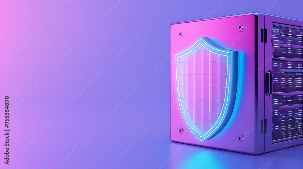 Poster cybersecurity concept with a glowing shield protecting a server. symbolizes data protection and inte