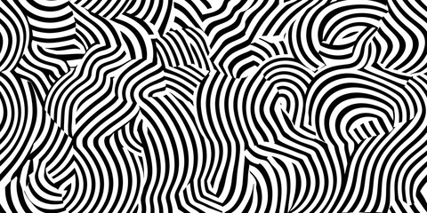 Obraz premium Seamless trippy psychedelic vintage mid century modern geometric striped circle pattern. Bold monochrome black and white retro surreal lines aesthetic art. Optical illusion scallop background texture.