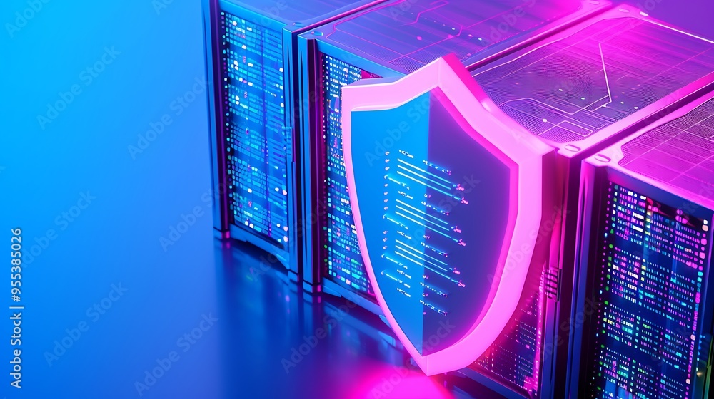 Poster cybersecurity concept with a neon shield and servers, illustrating advanced data protection and netw