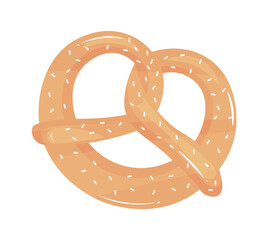 This flat vector illustration shows a traditional european pretzel with a brown color and covered in white salt grains