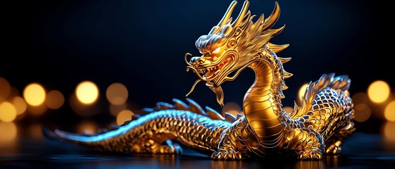 Obraz premium A majestic golden dragon sculpture with intricate details and a mystical aura, perfect for fantasy and mythology enthusiasts.