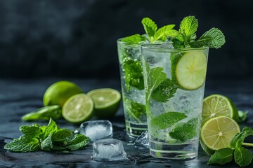 Mojito cocktail with lime, mint and ice on dark background