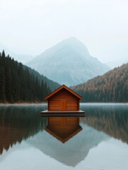 Fototapeta premium A cozy wooden cabin sits serenely on a placid mountain lake, enveloped in mist. The cabin's reflection creates a perfect symmetry, mirroring the tranquility of the surrounding nature. Tall pine trees 