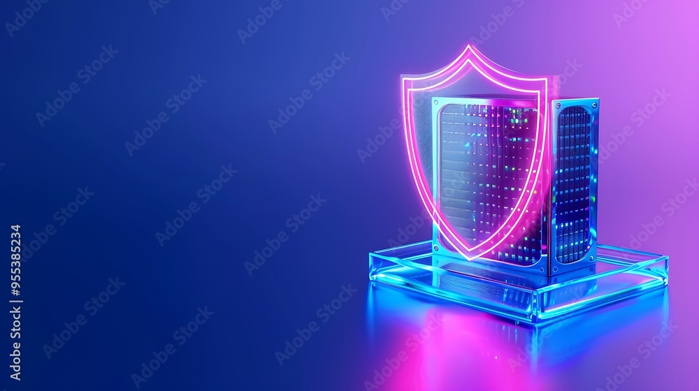 Poster cybersecurity concept with a neon shield protecting server, symbolizing data security and protection