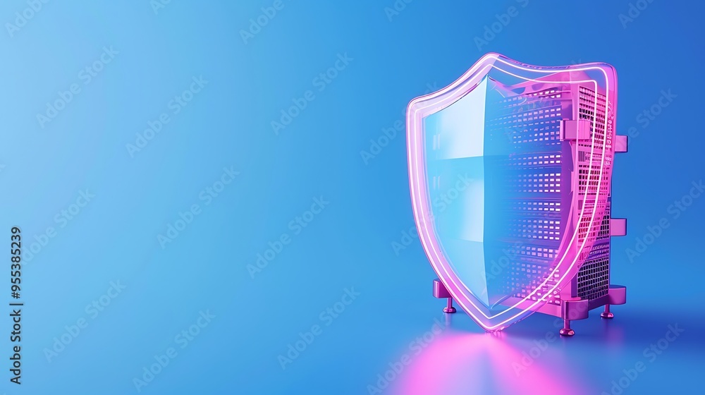 Poster cybersecurity concept with a neon shield protecting a server against blue background. digital protec