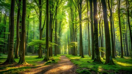 Obraz premium Sunbeams through canopy of lush forest illuminating green forest.