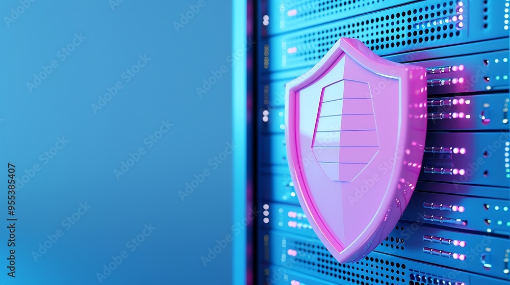 Poster cybersecurity concept with a pink shield on a server rack, symbolizing protection and data security 