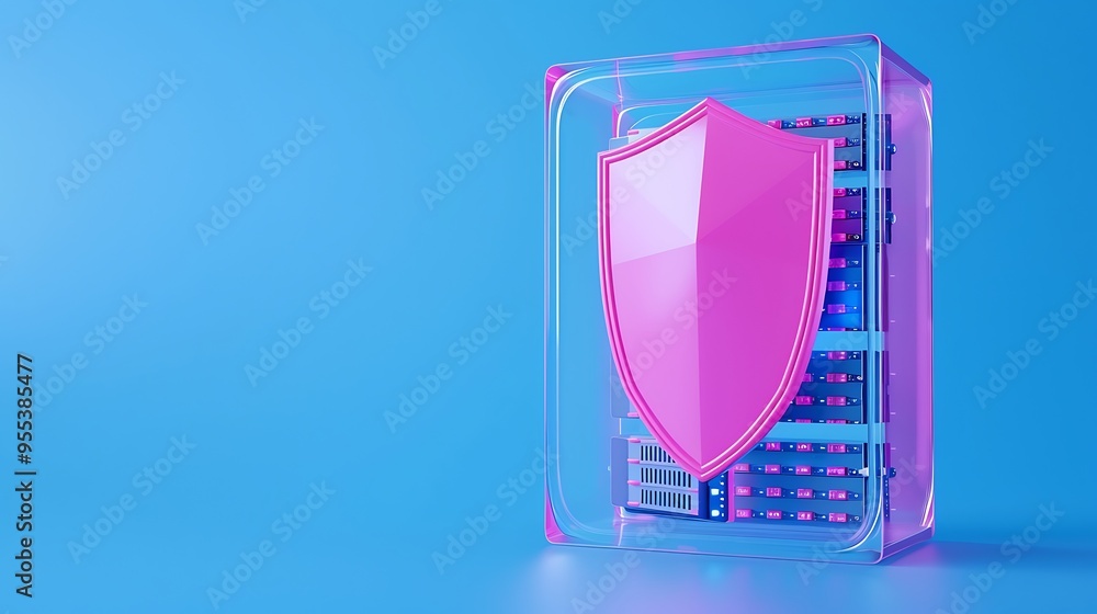 Poster cybersecurity concept with a pink shield protecting a server. blue background emphasizing data prote