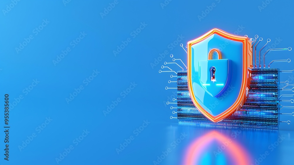 Poster cybersecurity concept with a shield and circuit board design symbolizing digital protection and data