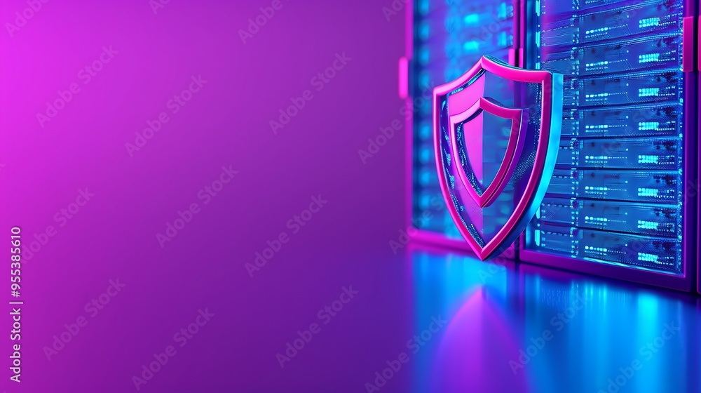 Poster cybersecurity concept with a server rack secured by a shield icon, emphasizing data protection and n