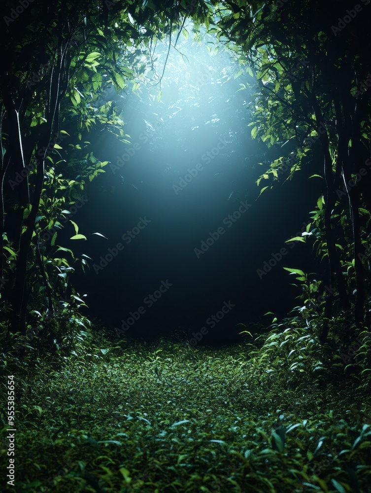 Poster a dark and mysterious forest path illuminated by a glowing light source above. the path is surrounde