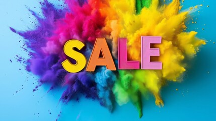 A colorful explosion of powder with the word Sale written in white letters. Concept of excitement and celebration, as if the sale is a big event or a special occasion