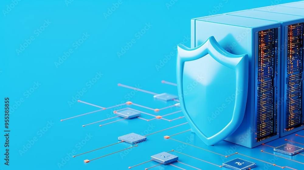Poster cybersecurity concept with a shield symbol protecting a server against digital threats, representing