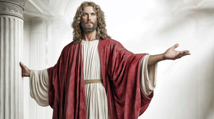 Naklejka premium Jesus is dressed in a white and red robe, standing in a huge white pillared structure, with serene and outstretched arms. The light illuminates the background, giving it a divine feel. AI generated.