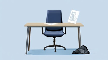Fototapeta premium A desk with a blue office chair and a piece of paper lying on top of it, symbolizing a job interview, success, and a new beginning.
