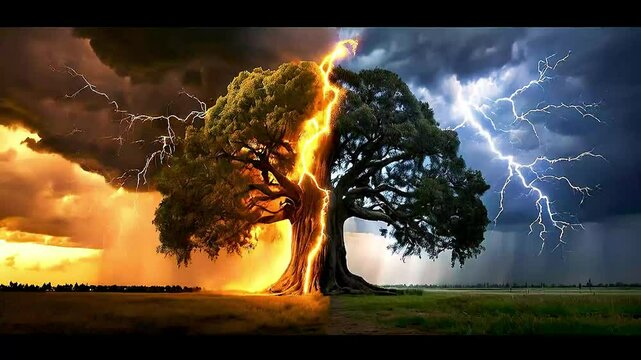 a tree  split in two, with  the left half  being green and the right half being yellow and orange