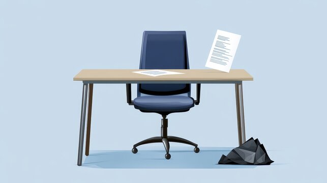 A desk with a blue office chair and a piece of paper lying on top of it, symbolizing a job interview, success, and a new beginning. - Powered by Adobe