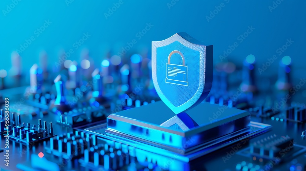 Poster cybersecurity concept with digital lock icon on circuit board, representing data protection and netw