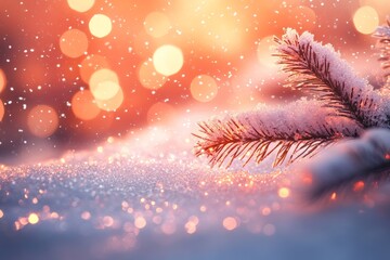 Snow-covered pine branches with glowing bokeh lights in the background, creating a serene and magical winter scene.