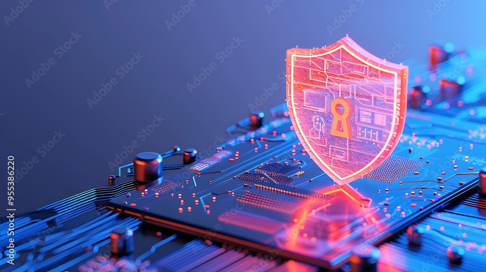 Poster cybersecurity concept with glowing shield icon on a motherboard, highlighting security in digital te