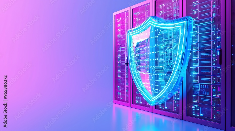 Poster cybersecurity concept with glowing shield overlay on server racks, representing data protection, int