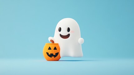 A friendly ghost with a happy face floats next to a jack-o'-lantern on a blue background.