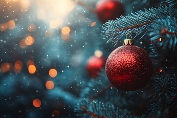 A single red Christmas ornament dusted with snow, hanging on a frosty pine branch in a peaceful...