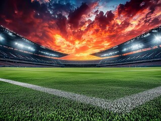 Dramatic Sunset Over a Captivating Soccer Stadium Field