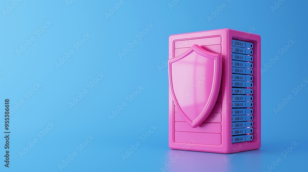 Poster cybersecurity concept with pink server and shield. data protection and security assurance in a digit