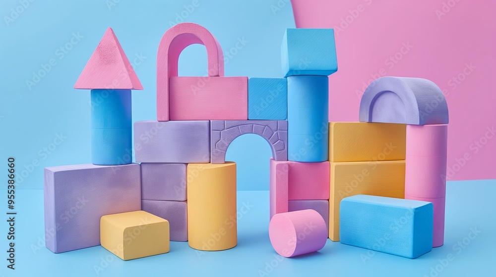 Poster a colorful block tower with pink, blue, and yellow blocks. the blocks are arranged in a way that cre