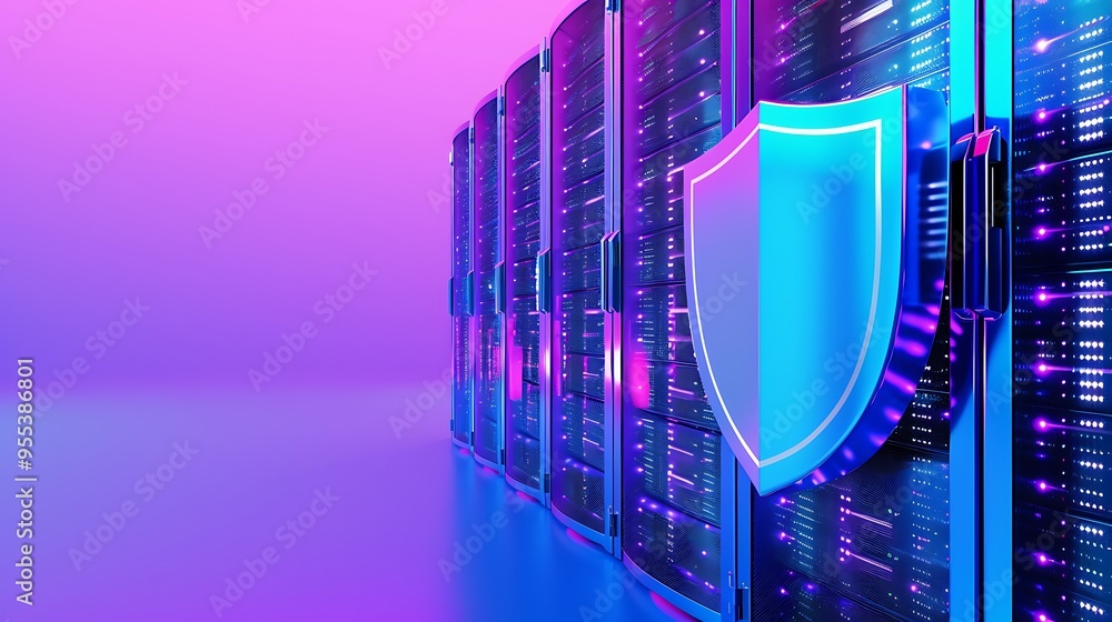 Aufkleber cybersecurity concept with shield and glowing server racks in data center. data protection, safety, 