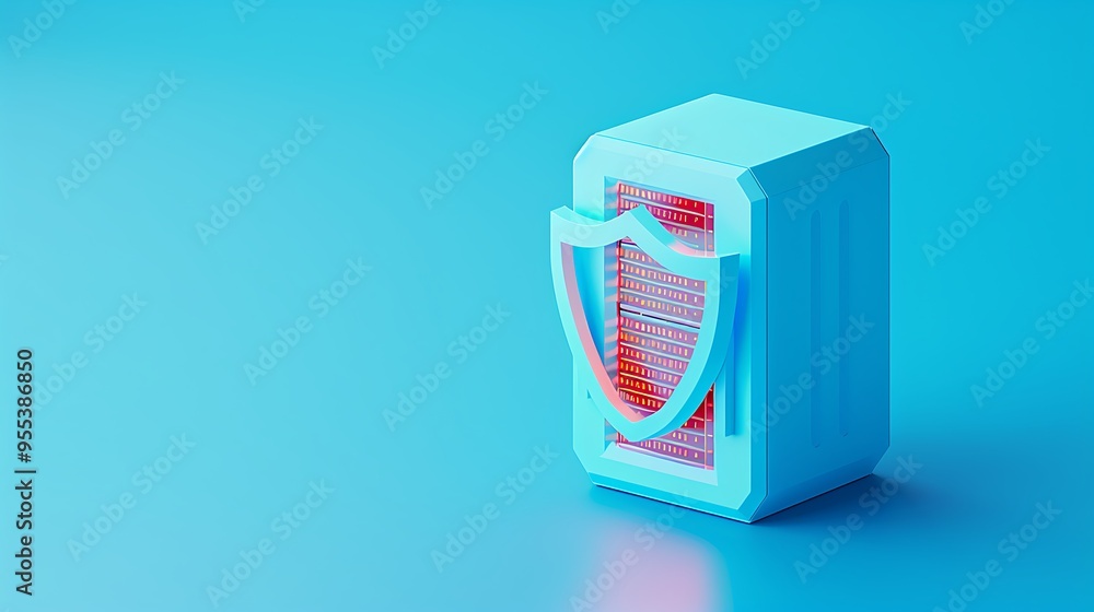 Poster cybersecurity concept with shield and server. protecting data and networks in a digital environment.