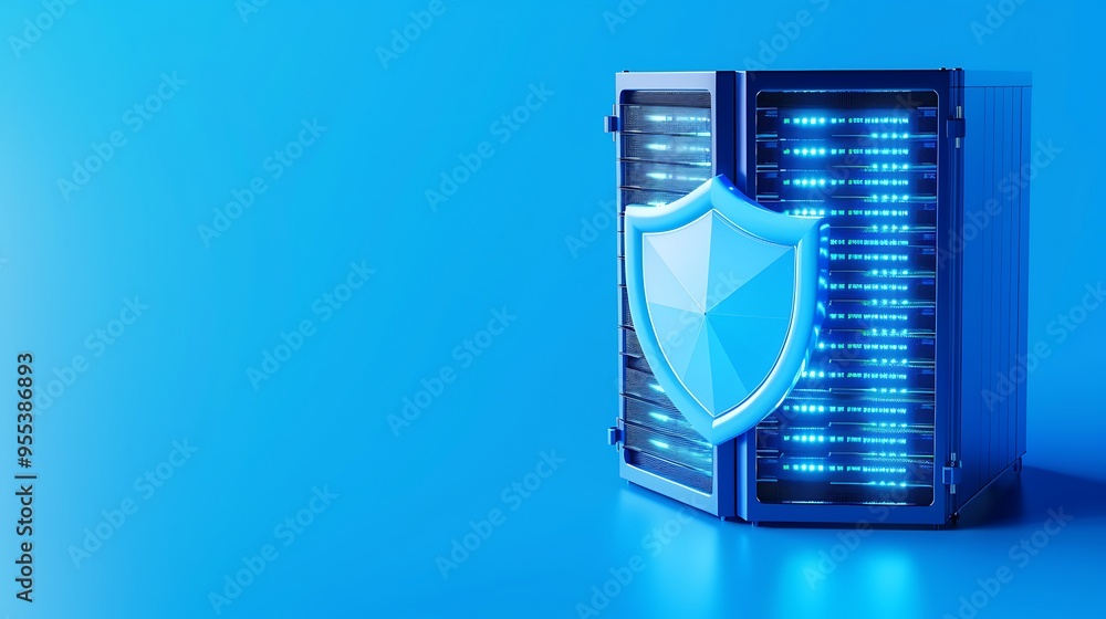 Poster cybersecurity concept with shield protecting a server data center, symbolizing data protection and s