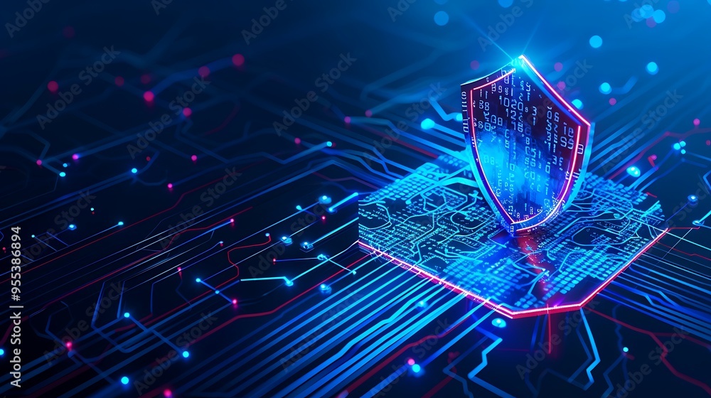 Poster cybersecurity concept with shield icon on digital circuit board symbolizing data protection, network
