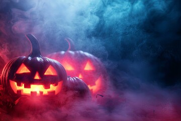 Eerie Glowing Pumpkins in Misty Supernatural Halloween Atmosphere