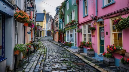 Obraz premium charming cobblestone street in kinsale colorful georgian houses flower boxes quaint shops warm evening light