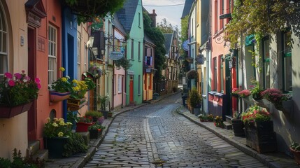Fototapeta premium charming cobblestone street in kinsale colorful georgian houses flower boxes quaint shops warm evening light