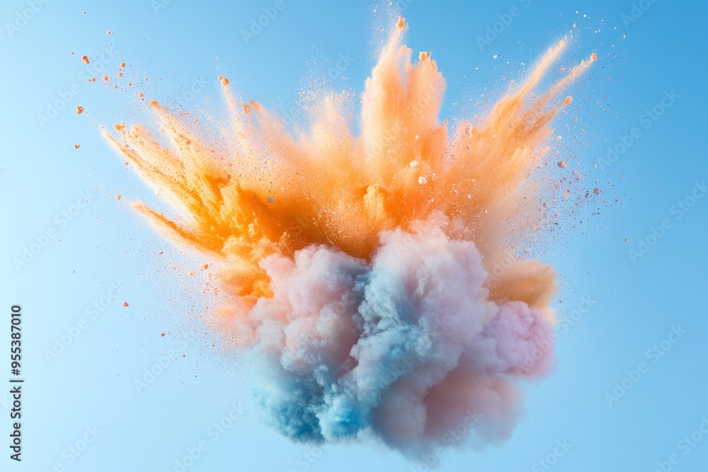 Poster a dynamic and abstract image of a colorful explosion against a blue sky. the explosion symbolizes en