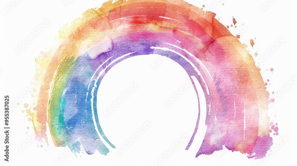Poster cheerful circular frame adorned with a soft watercolor rainbow delicate brush strokes and gentle col