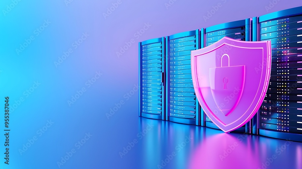 Poster Cybersecurity data server with a shiny shield icon symbolizing data protection and secure server infrastructure, blue and pink hues.