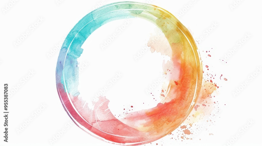 Poster cheerful circular frame adorned with a soft watercolor rainbow delicate brush strokes and gentle col
