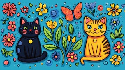 Light blue background with crayon cats, flowers, and bright butterfly