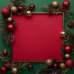 Christmas and New Year seasonal square template design with decorations and copy space for social media post. Gold and green color tone on red plain background.