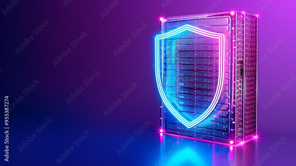 Poster cybersecurity server with neon shield symbolizing data protection, secure technology, and digital sa