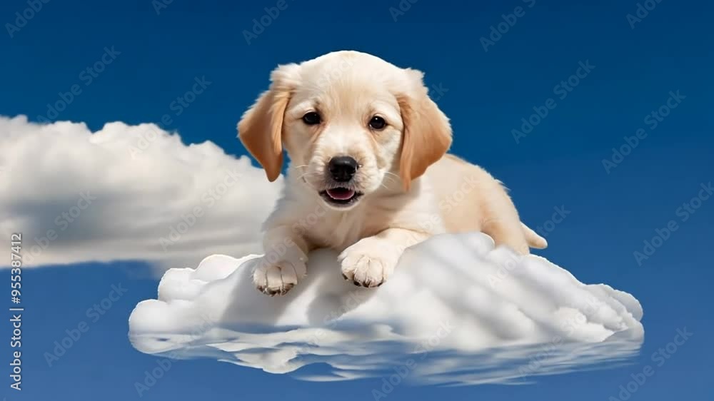 Aufkleber joyful puppy floating on a fluffy cloud under a bright sky generative ai