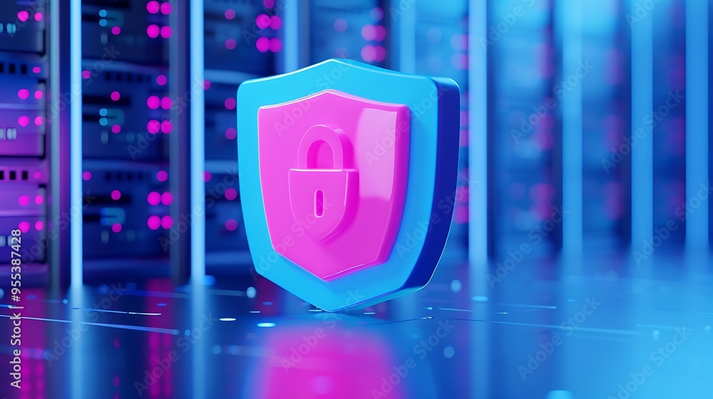 Poster cybersecurity shield graphic symbolizing data protection in a server environment with vibrant colors