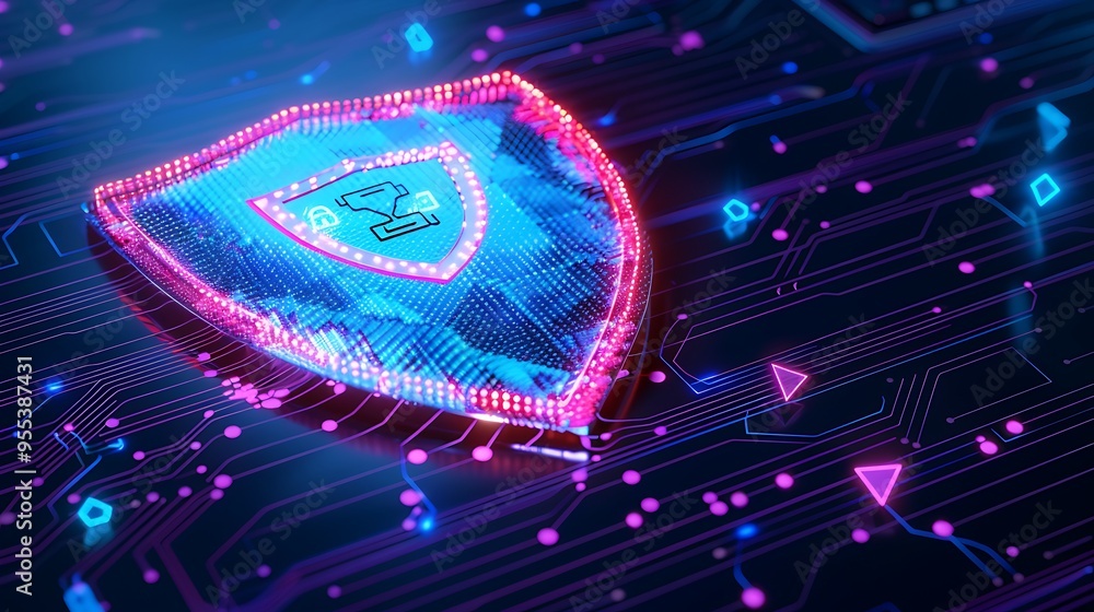 Poster cybersecurity shield icon glowing on a digital circuit board, representing protection and data secur